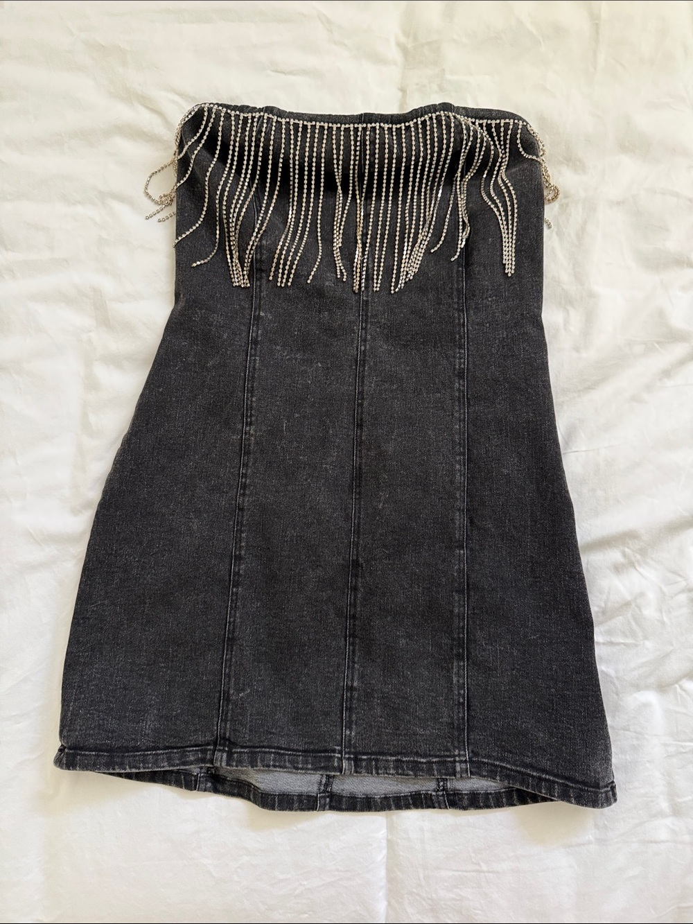 12th tribe Strapless Black Mini Dress with Rhinestone Fringe